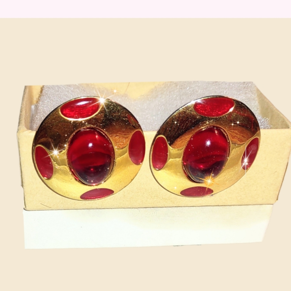 Gold with Red Oval Stones Clip Earrings